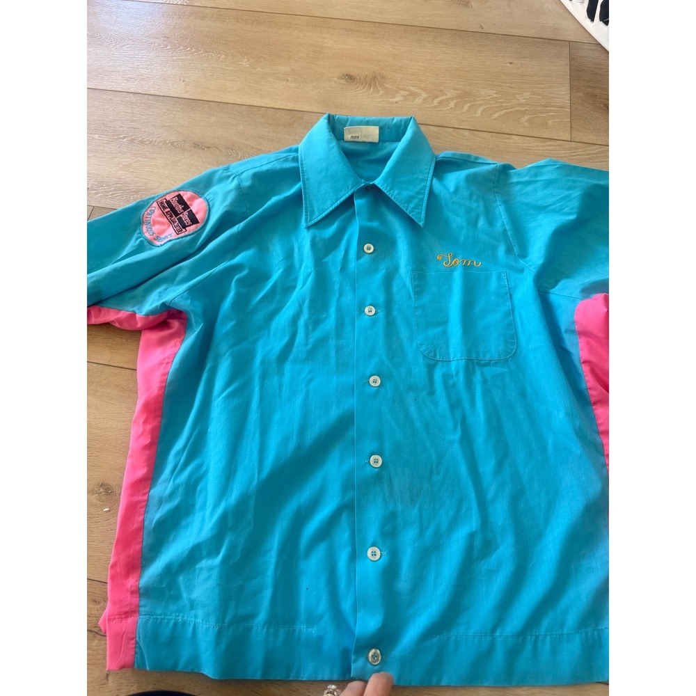 Vintage King Louie Bowling Shirt Blue Pink Booths Stores Tom Embroidered #158